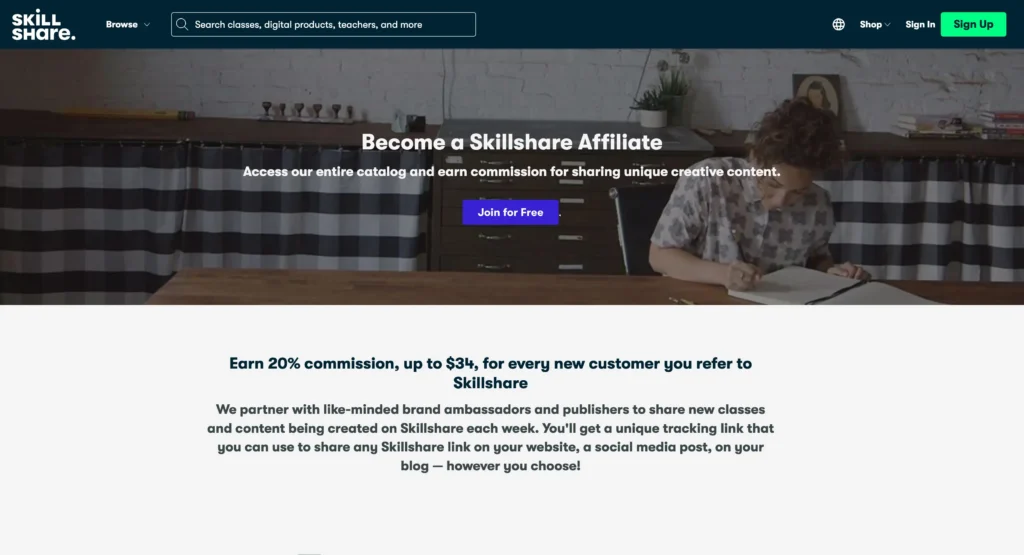 Skillshare Education Affiliate Marketing Program homepage