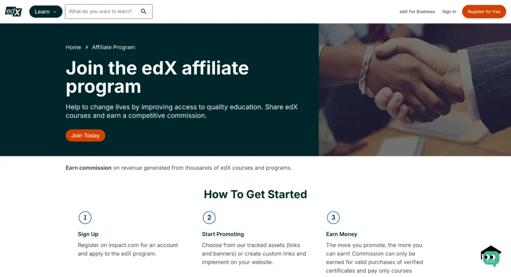 edX Education Affiliate Marketing Program homepage